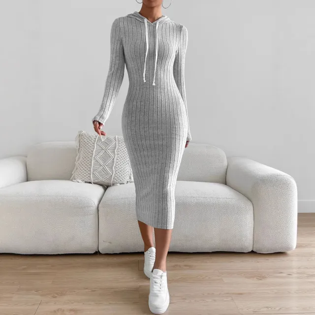 Women's Solid Color Versatile Hooded Knit Long Dress Gray - Shop at LoveMi