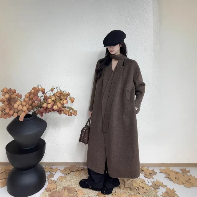 Long Double sided Wool Coat In Korean Style Brown - Shop at LoveMi