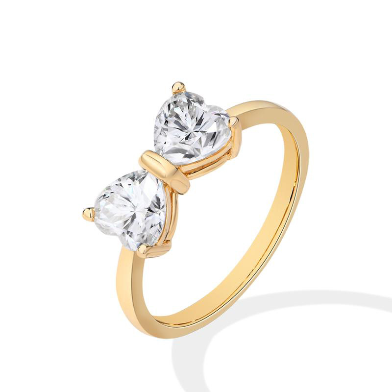 Heart-shaped Bow Ring With Copper-gold Plating And High-quality Zircon