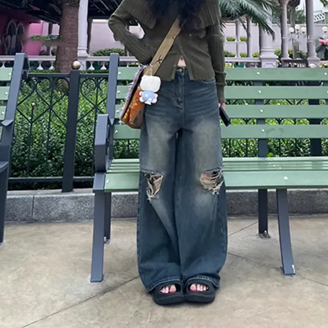 Retro Washed Ripped Jeans For Women Blue - Shop at LoveMi