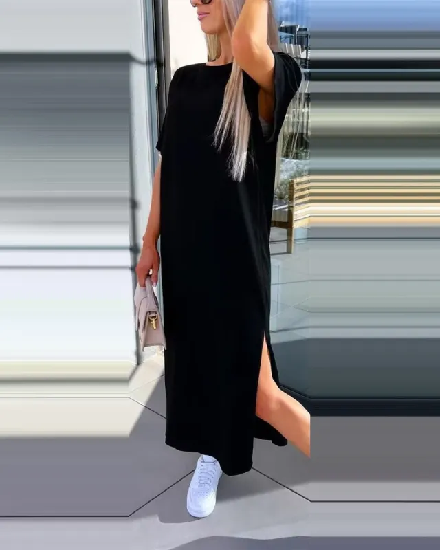 Solid Color Short Sleeve Round Neck Slit Hemline At Hem Dress Black - Shop at LoveMi