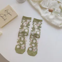 Spring And Summer Ultra-thin Breathable Retro Large Flower Spun Glass Mid-calf Socks Crystal Long Socks - Crystal Silk Tube No 2 - View 1