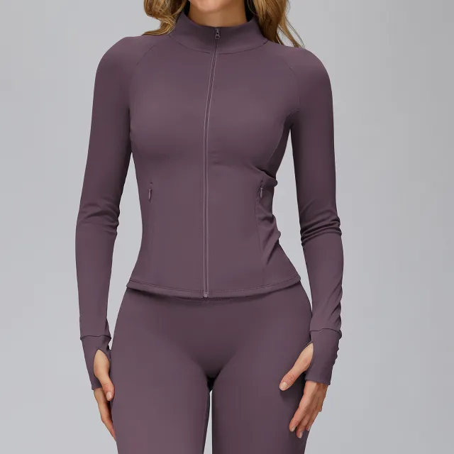 Brushed Yoga Jacket Long sleeved Zipper Pocket Tight Top Purple - Shop at LoveMi