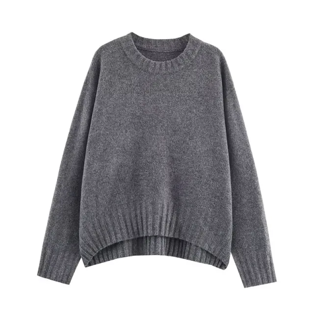 Women's solid color fashionable simple and versatile ribbed knit sweater Gray - Shop at LoveMi