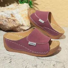 Summer Wedge Slides Slippers Fashion Fish Mouth Thick Bottom Roman Shoes Solid Color Beach Sandals For Women - Wine - View 1