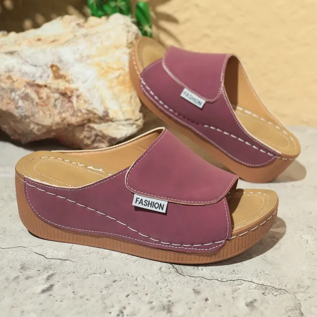 Summer Wedge Slides Slippers Fashion Fish Mouth Thick Bottom Roman Shoes Solid Color Beach Sandals For Women Wine - Shop at LoveMi