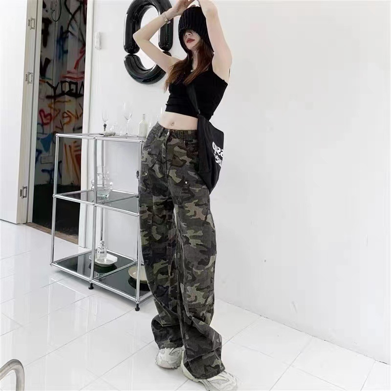 Camouflage Workwear Jeans Women's Straight Loose Retro Hip Hop Style High Waist Extra Long Wide Leg Pants Green - Shop at LoveMi