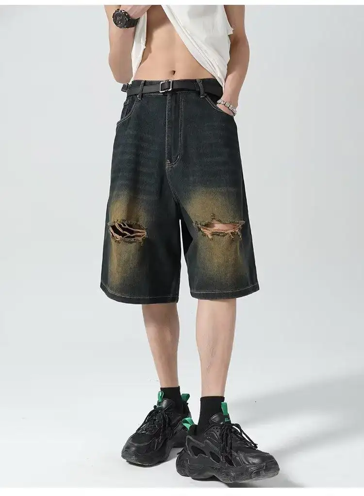 Ripped Denim Shorts Men's Loose Trendy