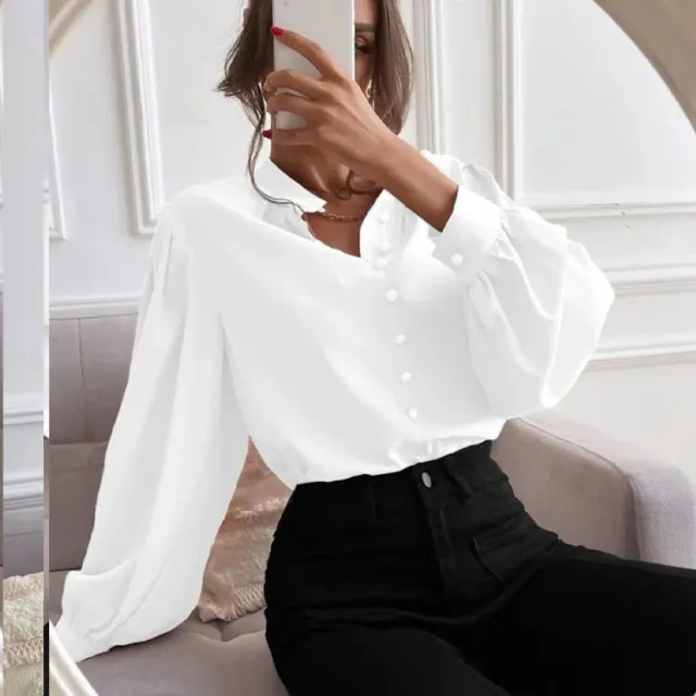 Women's Long sleeved Single row Button Loose Top White - Shop at LoveMi