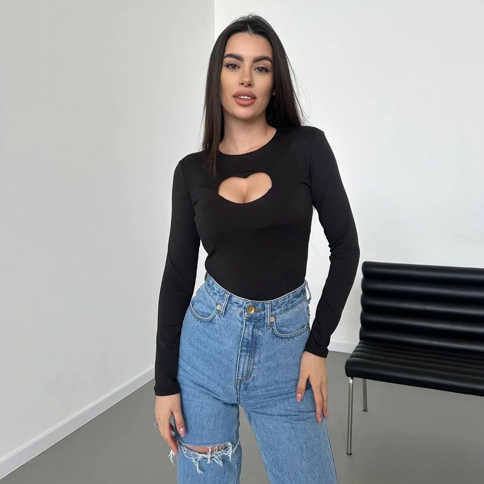 Hollowed Heart Shape See-through Round Neck T-shirt