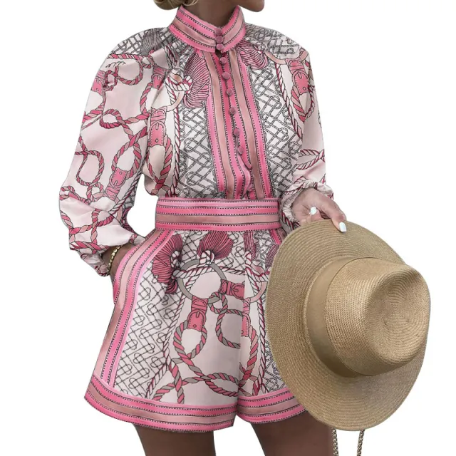 Women's Printed Long sleeved Top Shorts Suit Pink - Shop at LoveMi