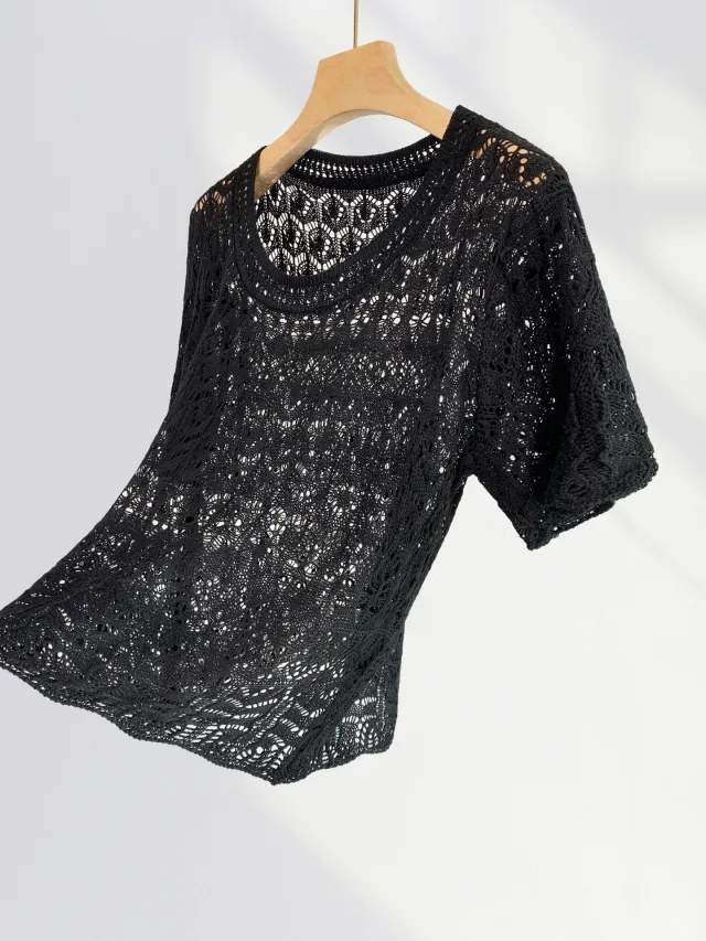 Hollow Knitted Short sleeved Shirt Black Top - Shop at LoveMi