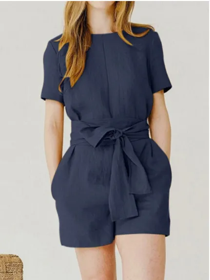 Cotton Linen Solid Color Round Neck Short Sleeves Pocket Lace up Waist controlled Casual One piece Pant Belt Belt Dark Blue - Shop at LoveMi