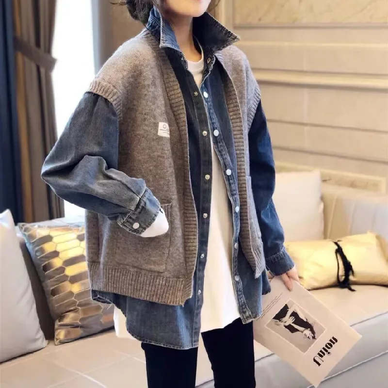 Denim Two-piece Suit Coat For Women - Flower Gray