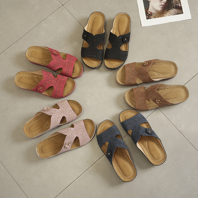 Womens Thick-soled Wedge Flower Slide Sandals
