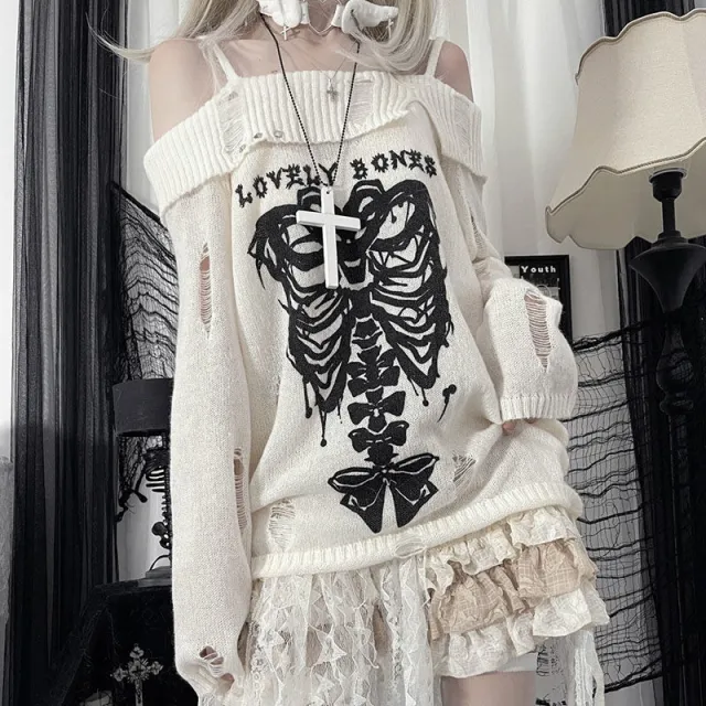 Butterfly Bone Asian Culture Off shoulder Ripped Sweet Cool Off shoulder Sweater Butterfly Bone - Shop at LoveMi