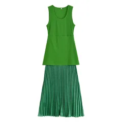 Women's Knitted Small Pleated Stitching Dress - Green - View 1
