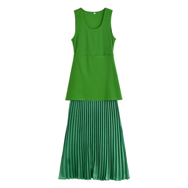Women's Knitted Small Pleated Stitching Dress Green - Shop at LoveMi
