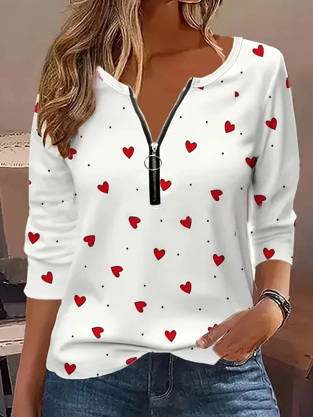 Digital Printing Love Round Neck Zipper T shirt Red - Shop at LoveMi