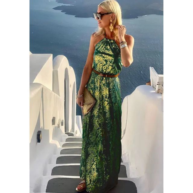 Spring And Summer Sexy Halter Off the shoulder Leisure Vacation Bronzing Dress Dark Green - Shop at LoveMi