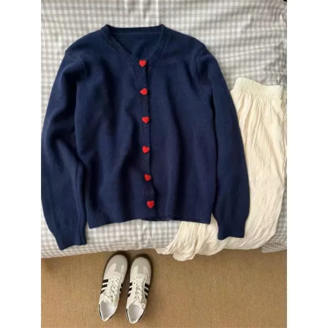 Gray With Heart Button Sweater Coat Women's Loose Dark Blue - Shop at LoveMi