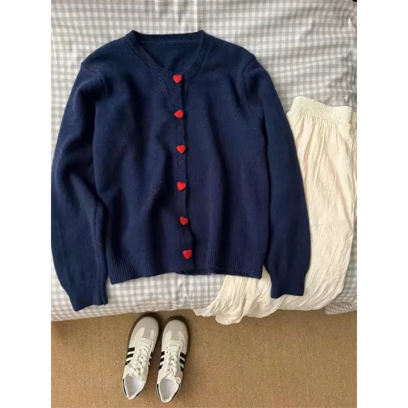 Gray With Heart Button Sweater Coat Women's Loose - Dark Blue