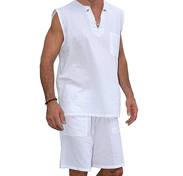 Title 2, Mens Eyelet Lace Cotton And Linen Vest Shirt, ...