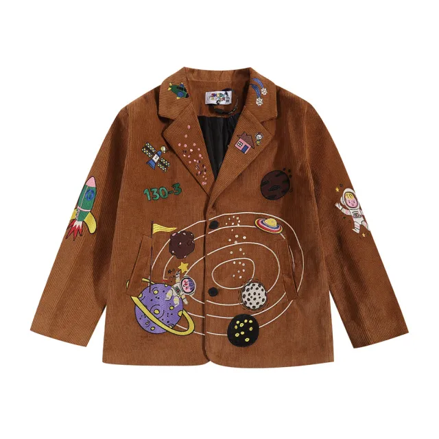 Niche Personality Corduroy Baggy Coat Cartoon Embroidered Casual Suit Brown - Shop at LoveMi