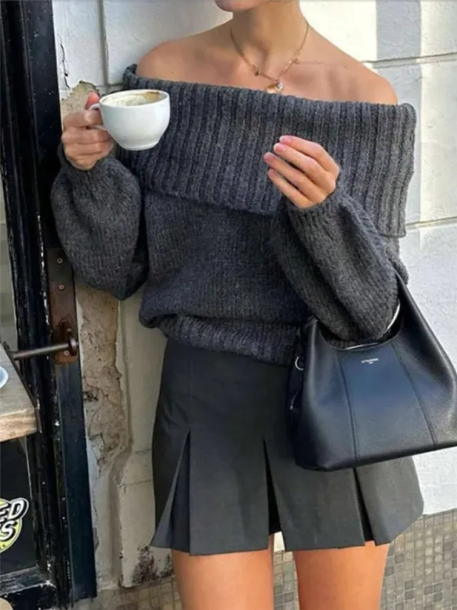 Women's Off shoulder Simple Pure Color All matching Lantern Sleeve Knitted Sweater Dark Gray - Shop at LoveMi