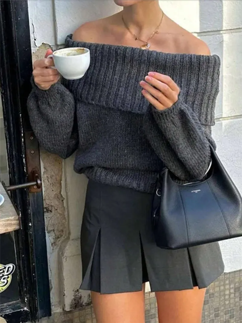 Women's Off-shoulder Simple Pure Color All-matching Lantern Sleeve Knitted Sweater - Dark Gray