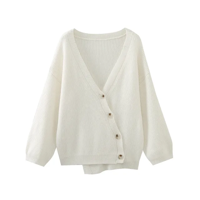All match Commute Asymmetric Button Cardigan Knitted Sweater Beige - Shop at LoveMi
