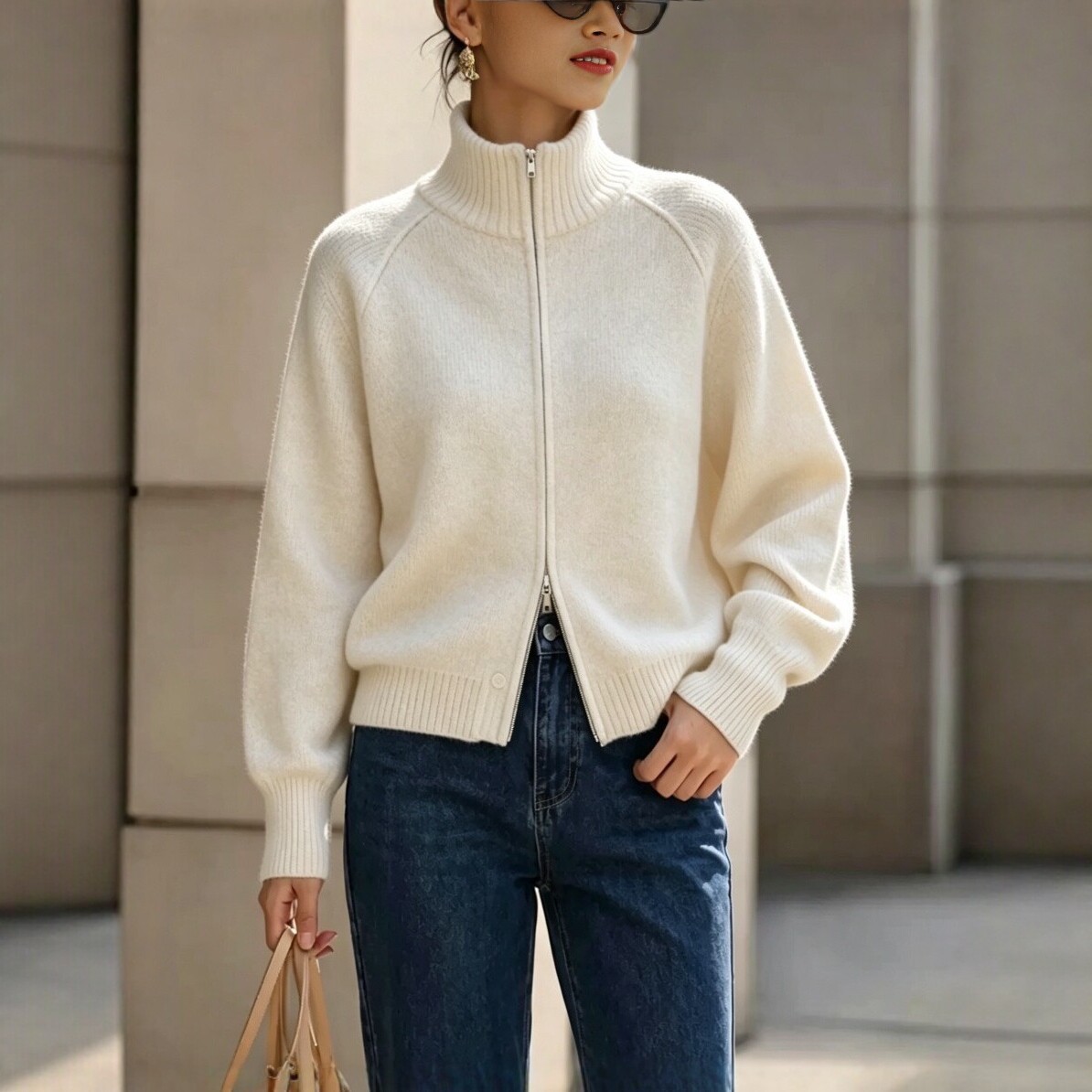 Cardigan tricotat cu fermoar, de culoare solidă, în stil coreean