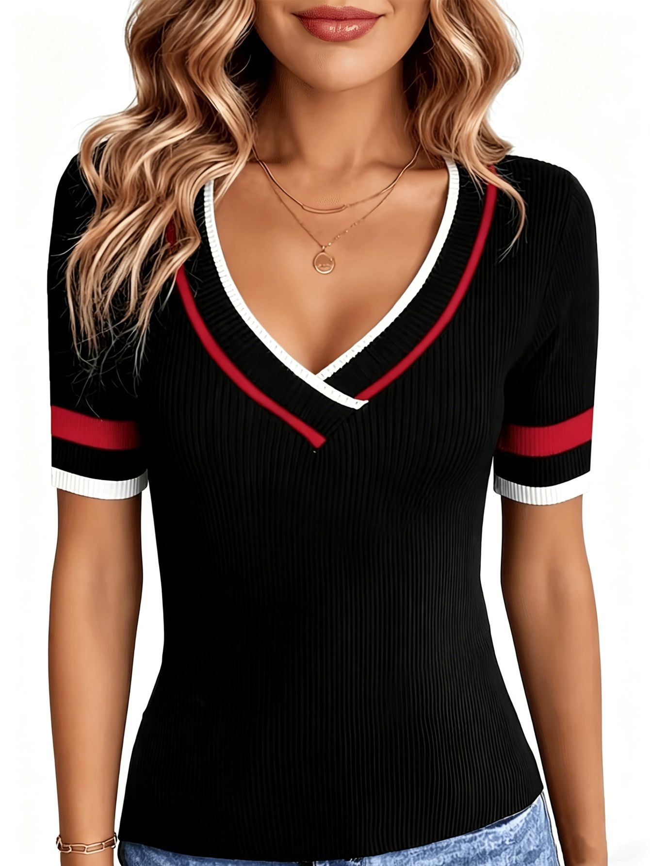 Womens V-neck Knitted Short-Sleeve T-Shirt