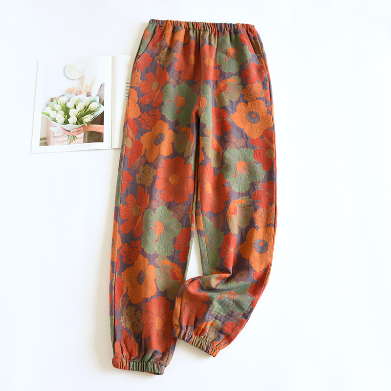 Women's Fashion Casual Cotton Yarn dyed Vintage Jacquard Pajama Pants Red - Shop at LoveMi