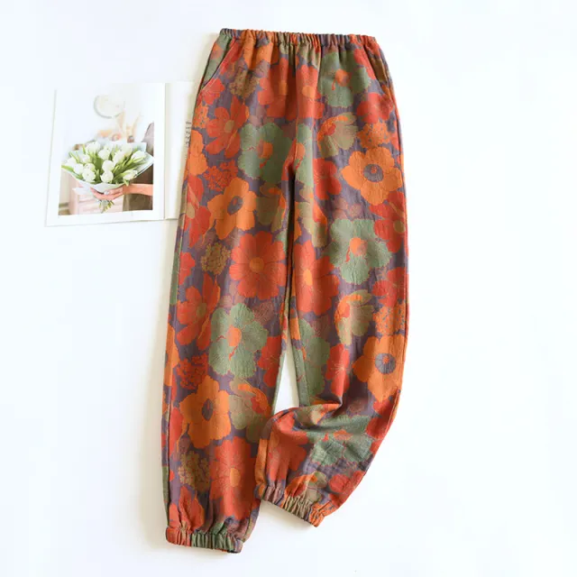Women's Fashion Casual Cotton Yarn dyed Vintage Jacquard Pajama Pants Red - Shop at LoveMi