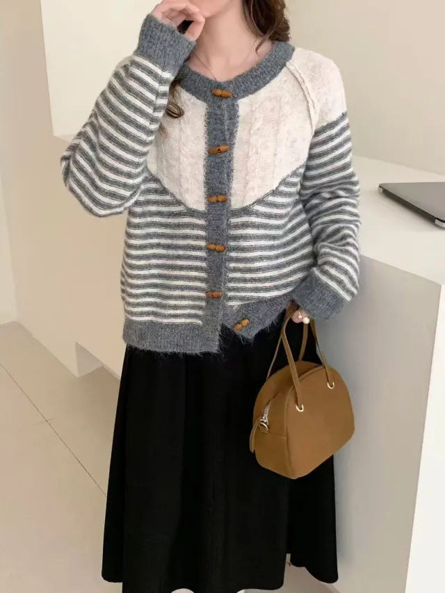 Autumn And Winter Striped Loose And Lazy Style Knitted Cardigan Gray - Shop at LoveMi