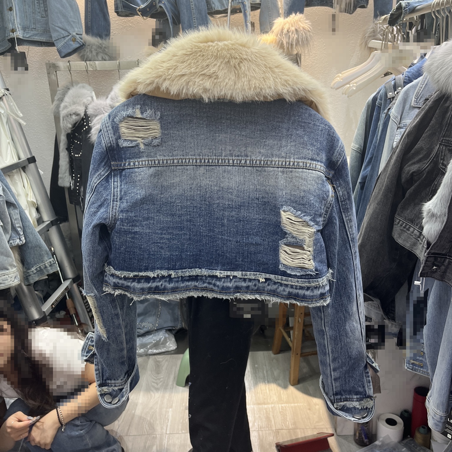 Denim Splicing Quilted Environmental Protection Fox Fur Denim Coat Short - Image 9