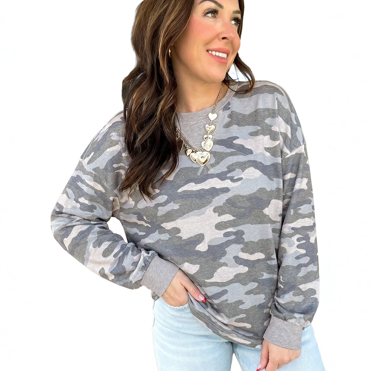 Women's Pullover Camouflage-print Crew-neck Top