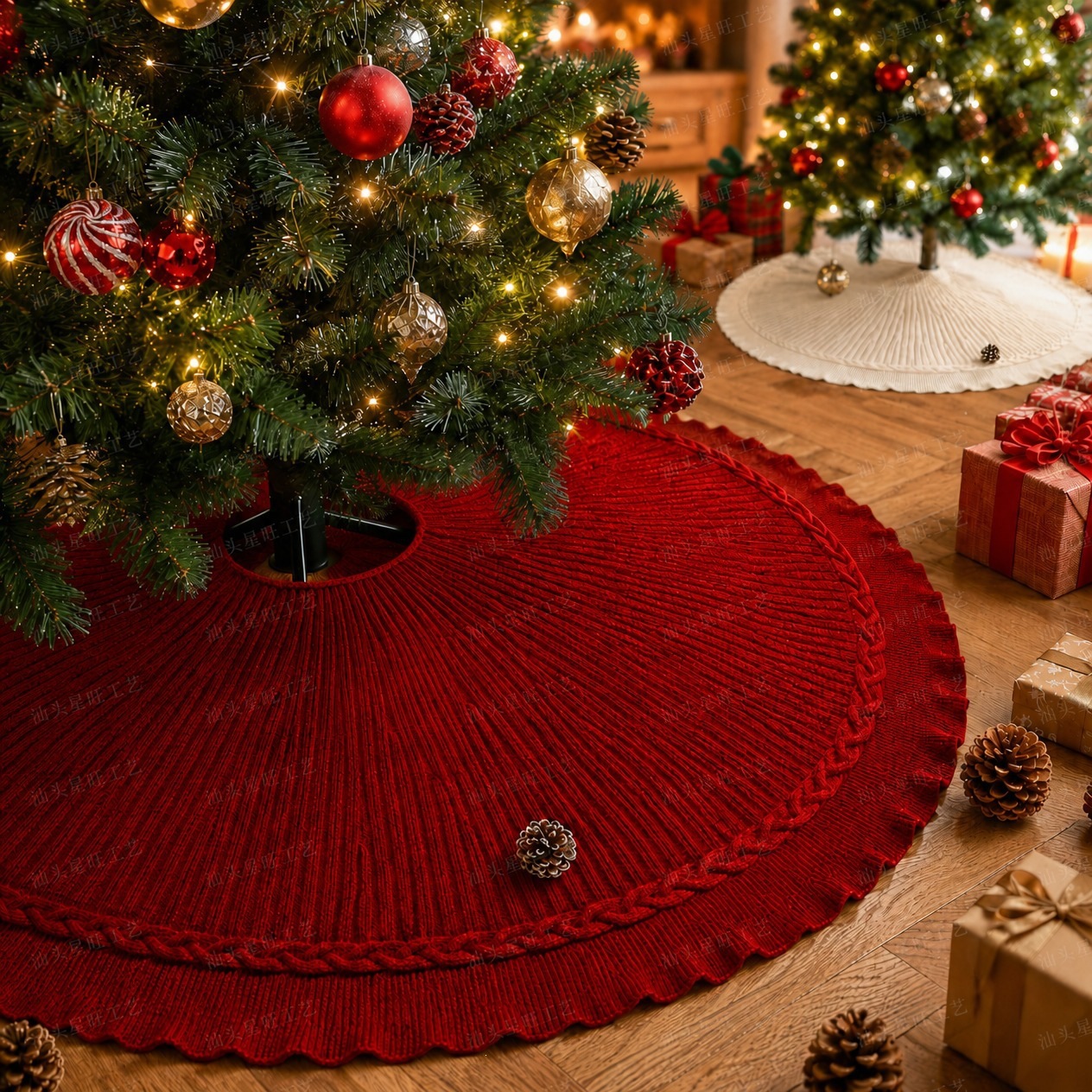 Lace Trim Knitted Christmas Tree Skirt - Festive Holiday Decoration Base Cover for Xmas Home Decor