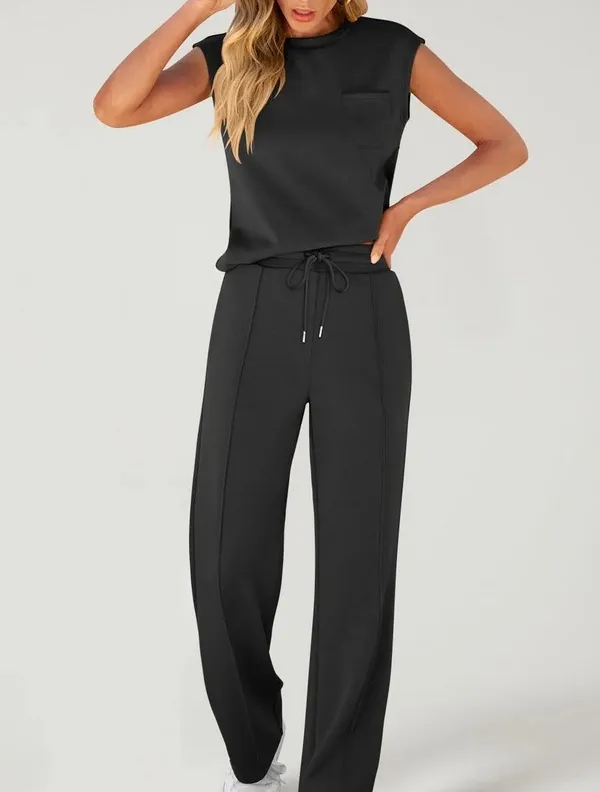 European And American Autumn And Winter New Sleeveless Casual High Elastic Loose Two piece Suit Women Black - Shop at LoveMi