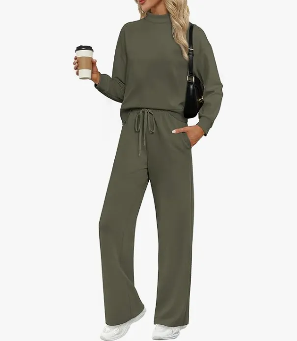 Women's Long sleeved Sweater And Wide leg Pants Two piece Suit Army Green - Shop at LoveMi