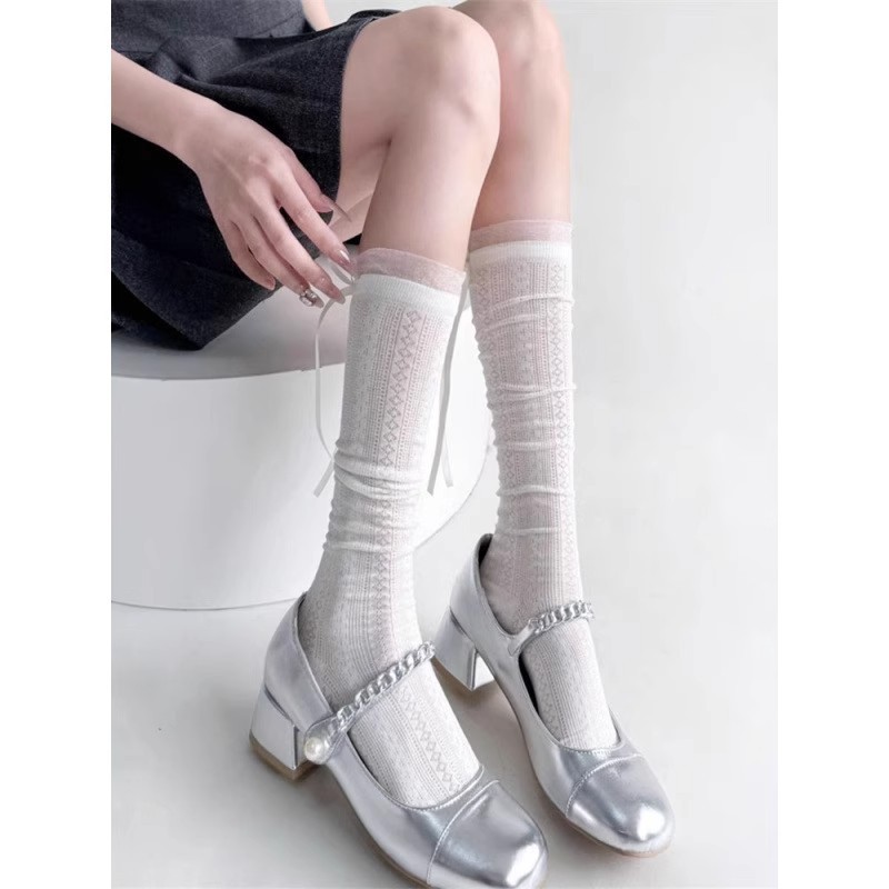 Ballet-style Hollowed-out Mid-calf Socks With A Bow-tie Ribbon
