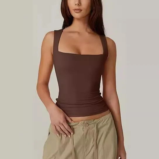 Summer Square neck Tank Vest Ins Fashion Slim Solid Sleeveless Tops For Women Clothing Brown - Shop at LoveMi