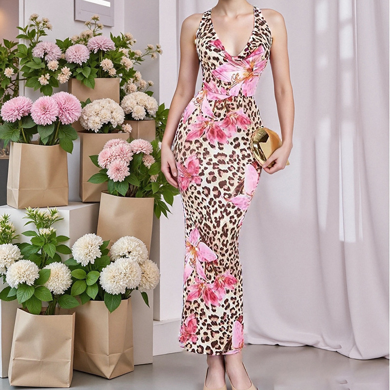 Leopard Print Halter Neck Sleeveless Bodycon Dress Leopard - Shop at LoveMi