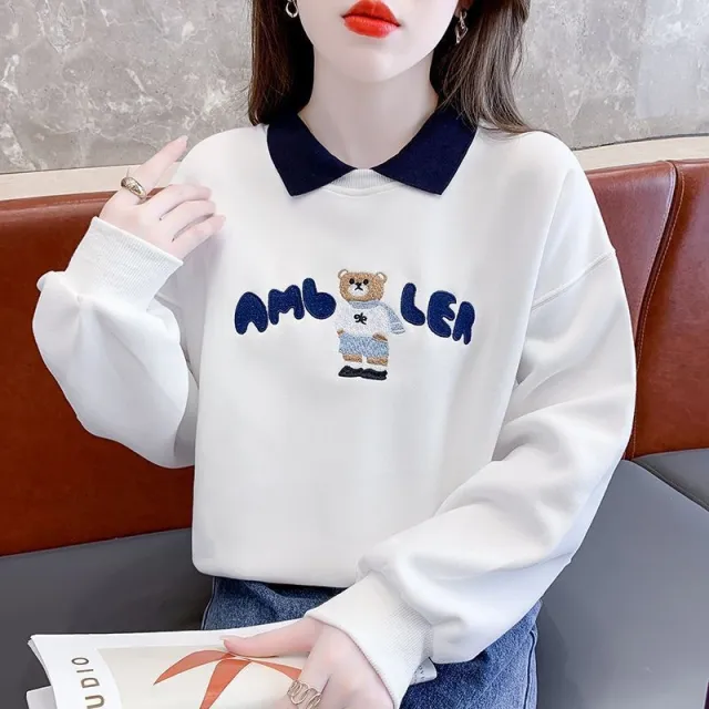 Design Sense Niche Loose Early Autumn Coat Top White Blue Bear - Shop at LoveMi