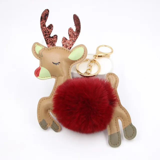 Christmas Deer Pompons Bag Accessories Keychain Pendant Wine Red - Shop at LoveMi