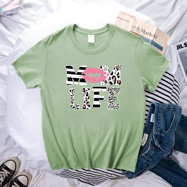 Mother's Day MOM LIFE Leopard Print Lip Printings Round Neck Short Sleeve T shirt Olive - Shop at LoveMi