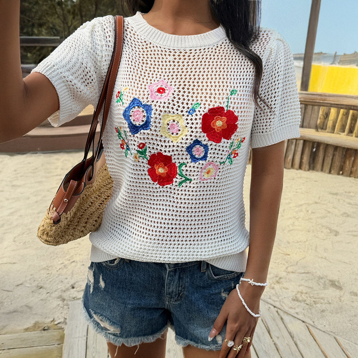 Y2K Knitted Embroidered Top For Leisure And Vacation