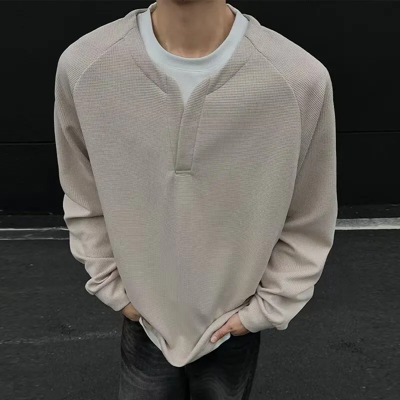 Contrast Colors False-two-piece Trendy V-neck Waffle Sweater Casual All-matching
