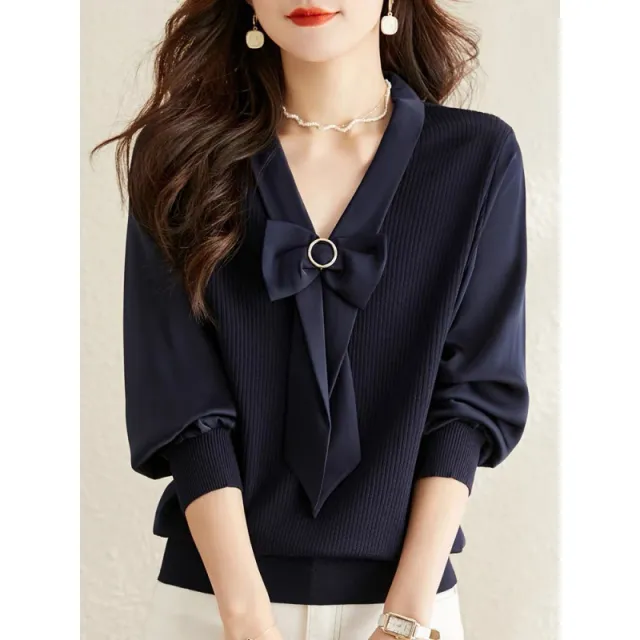 New V neck Short Temperament Base Sweater Navy - Shop at LoveMi